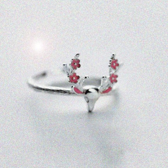 Christmas Deer Ring Adjustable Sterling Silver Animal Ring Pink Flower Ring her - Picture 3 of 6